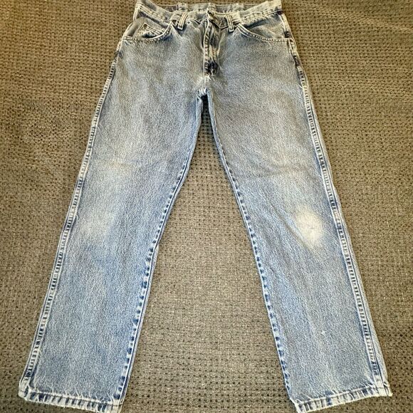 WRANGLER Authentic Jeans Regular Light Wash Straight Distressed 35x30 Fit 32x29 - Picture 1 of 10